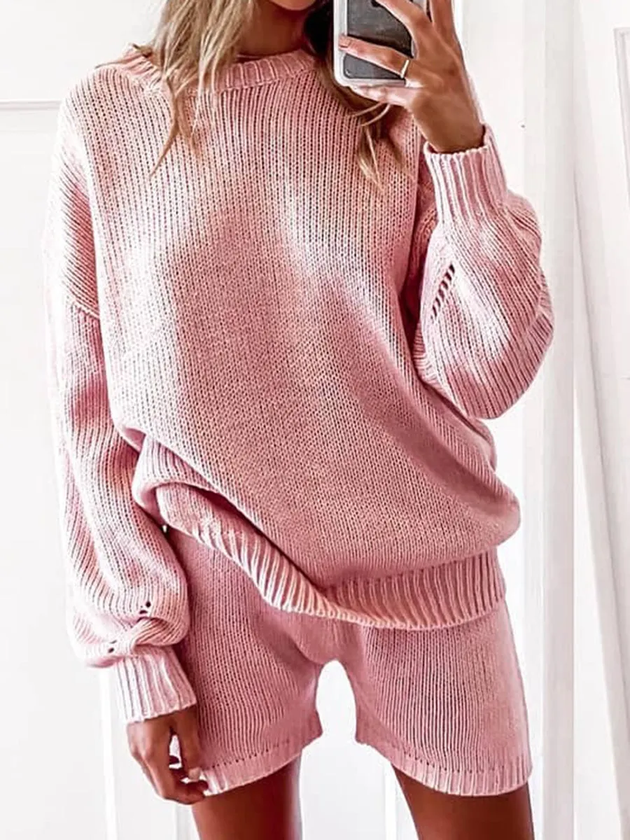 Casual Loose Solid Color Shirt Shorts Two-piece Suit