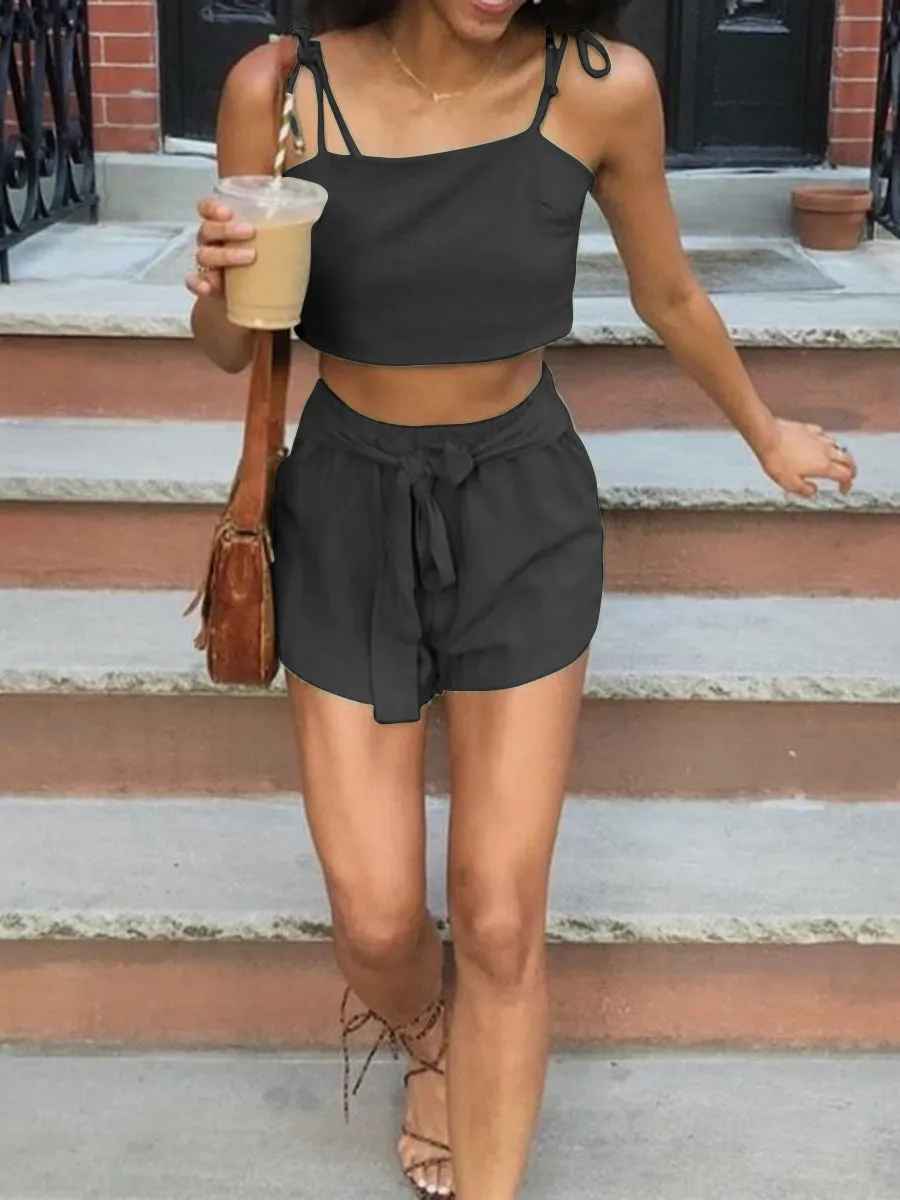 Casual Loose Strap Solid Color Two-piece Suit