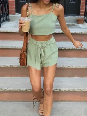 Casual Loose Strap Solid Color Two-piece Suit