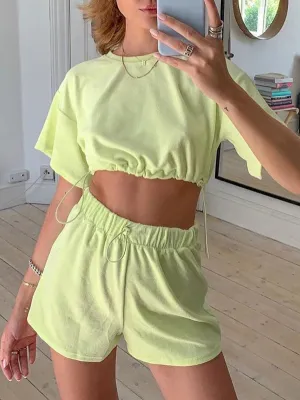 Casual Solid Color Drawstring Short Sleeve Two-piece Suit