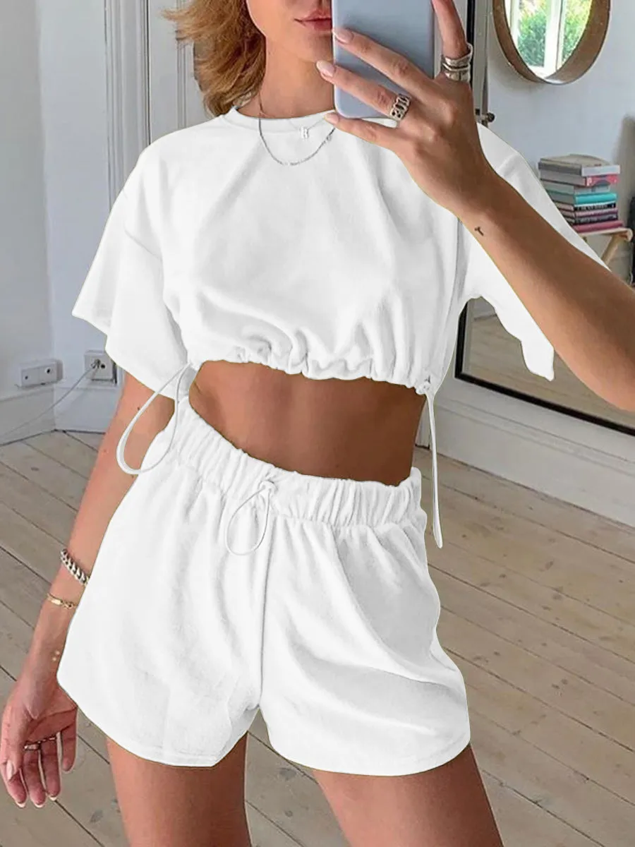 Casual Solid Color Drawstring Short Sleeve Two-piece Suit