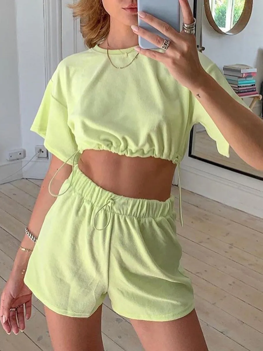 Casual Solid Color Drawstring Short Sleeve Two-piece Suit