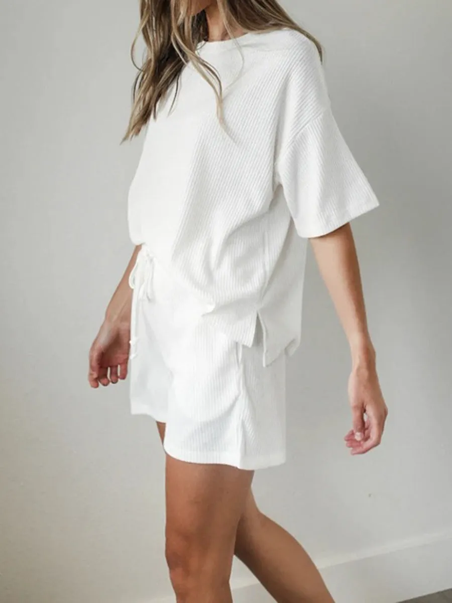 Casual Solid Color Short Sleeve Round Neck Two-piece Suit
