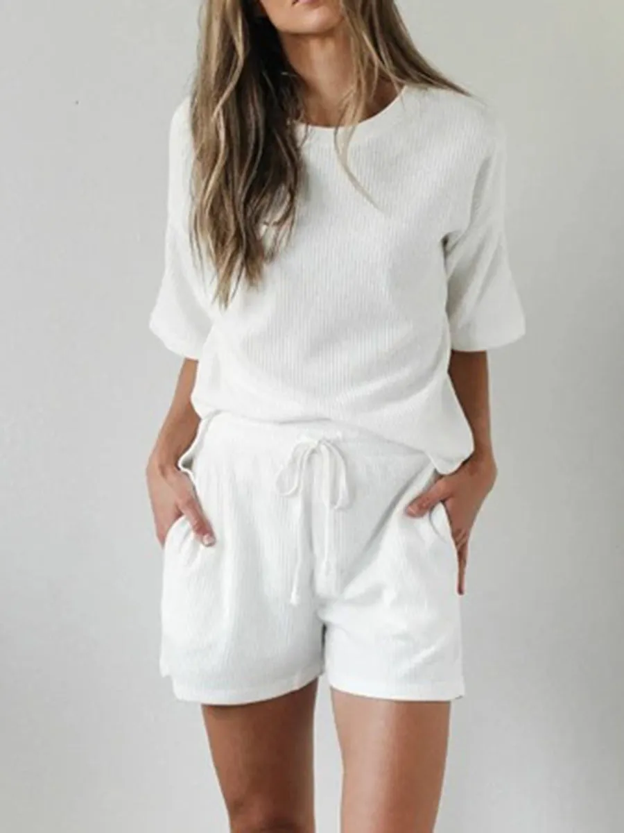 Casual Solid Color Short Sleeve Round Neck Two-piece Suit