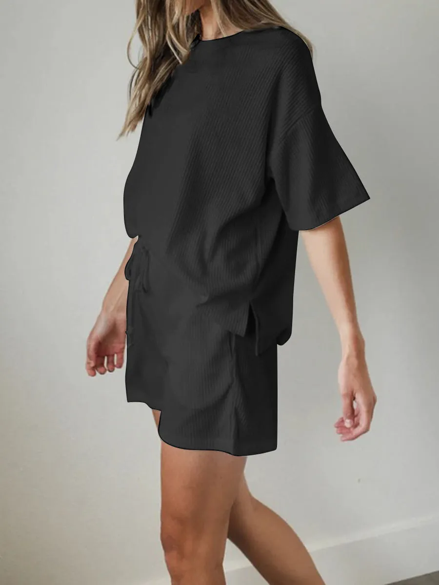 Casual Solid Color Short Sleeve Round Neck Two-piece Suit
