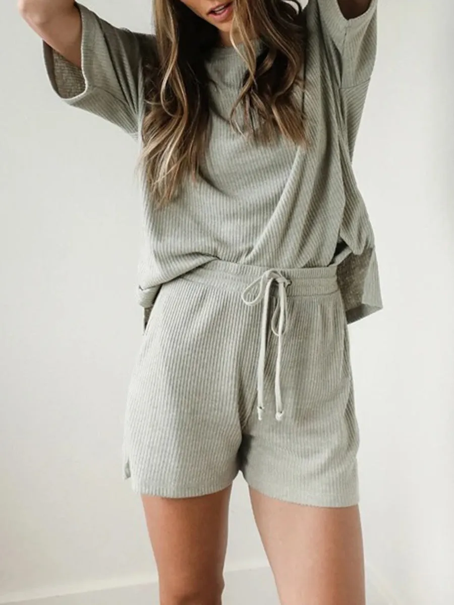 Casual Solid Color Short Sleeve Round Neck Two-piece Suit