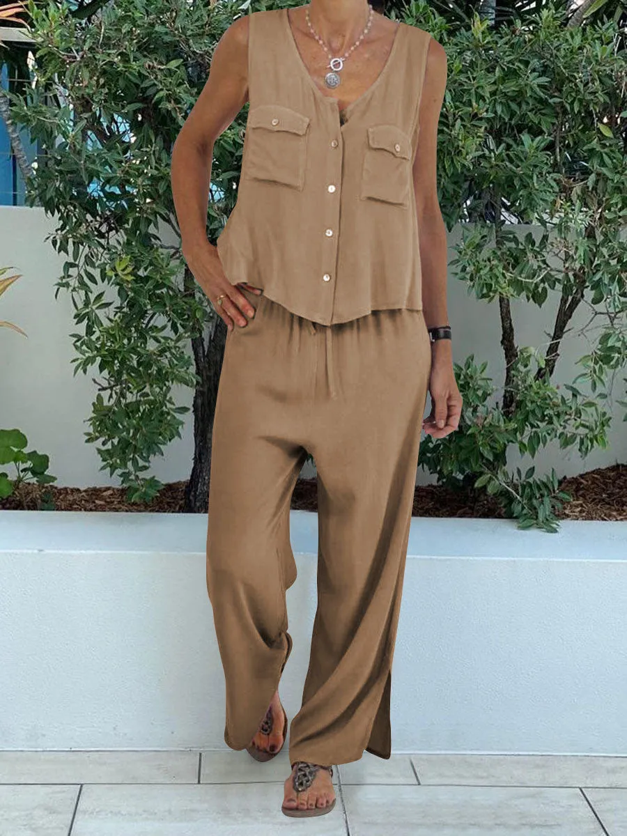 Casual Solid Color Sleeveless V-neck Two-piece Suit
