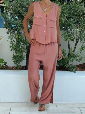 Casual Solid Color Sleeveless V-neck Two-piece Suit