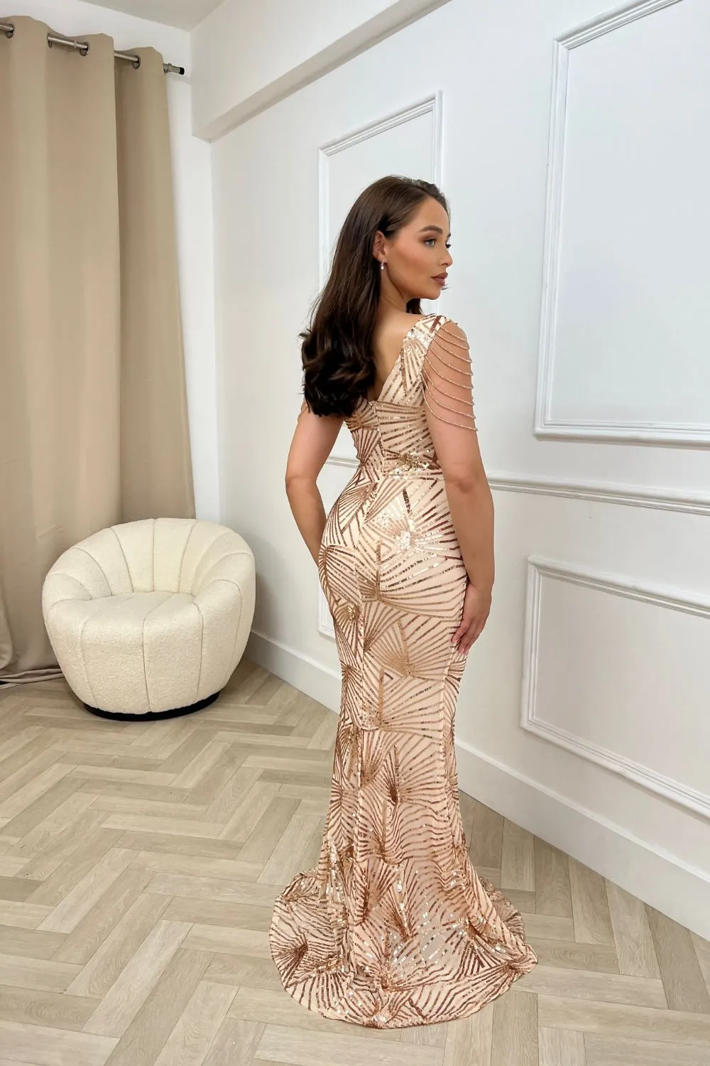 Centerpiece Rose Gold Plunge Luxe Beaded Shoulder Fringe Sequin Embellished Illusion Maxi Dress