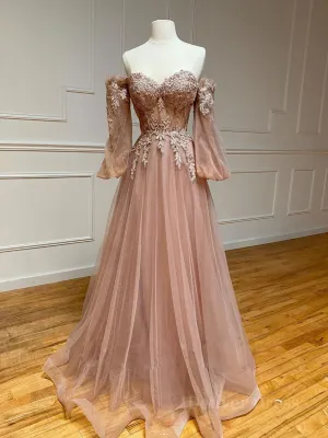 Champagne sweetheart neck tulle lace long prom dress lace evening dress