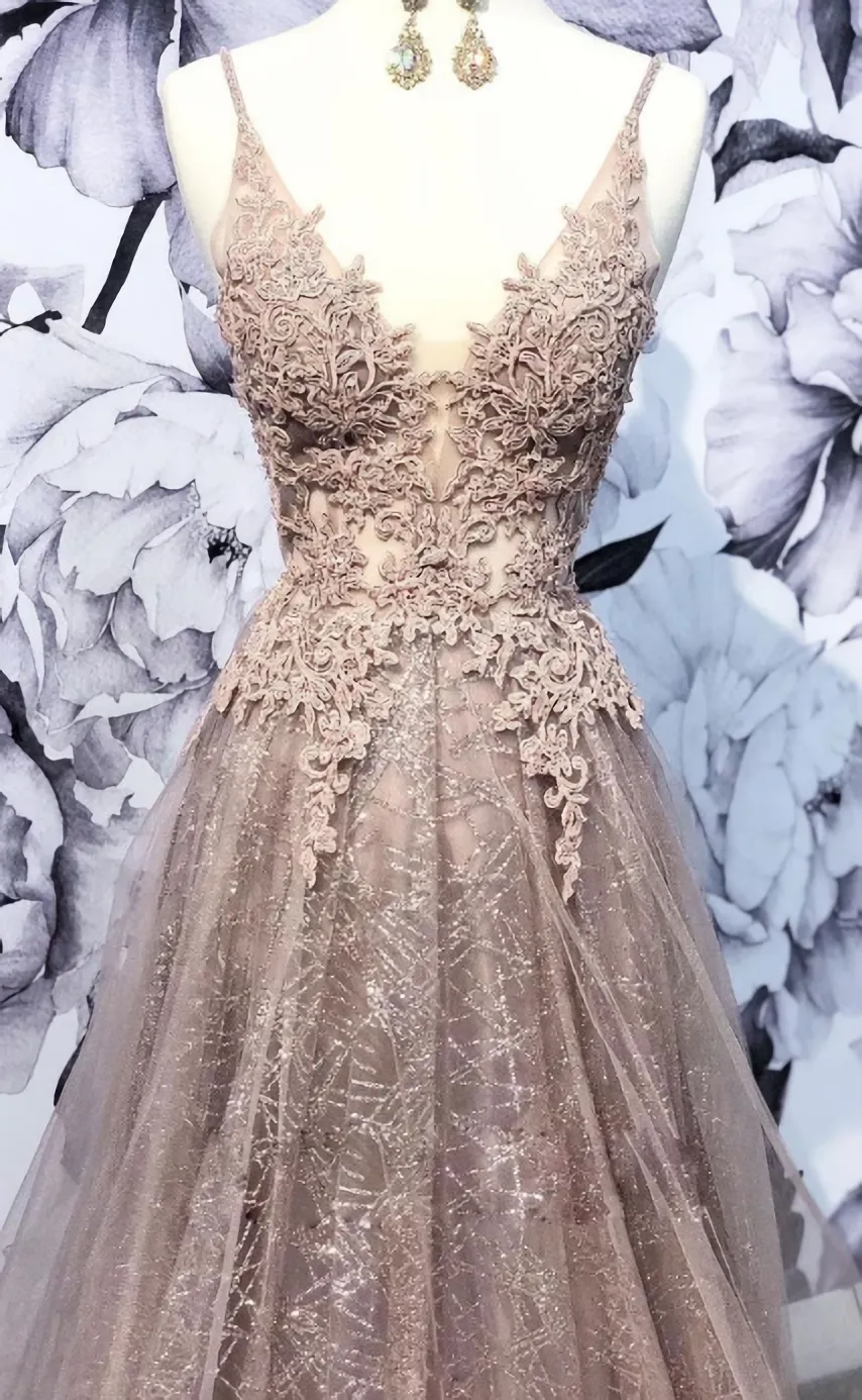 Champagne V Neck Tulle Lace Long Prom Dress Champagne Tulle Evening Dress