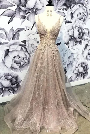 Champagne V Neck Tulle Lace Long Prom Dress Champagne Tulle Evening Dress