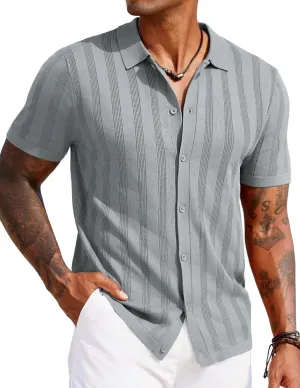 COOFANDY Men's Knit Polo Shirt Vintage Button Down Shirt Short Sleeve Hawaiian Shirt 2025 Summer Fashion Beach Shirts