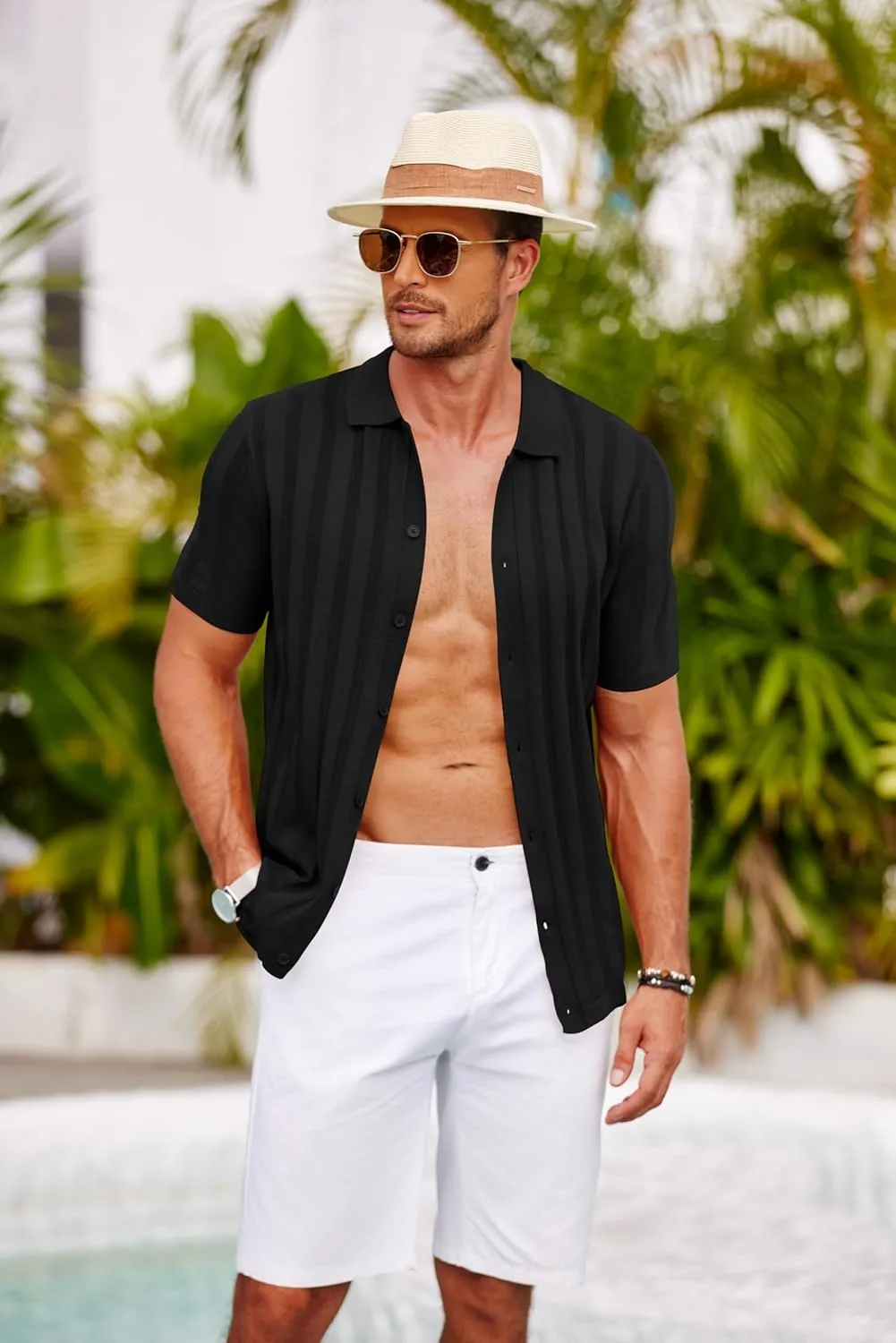 COOFANDY Men's Knit Polo Shirt Vintage Button Down Shirt Short Sleeve Hawaiian Shirt 2025 Summer Fashion Beach Shirts