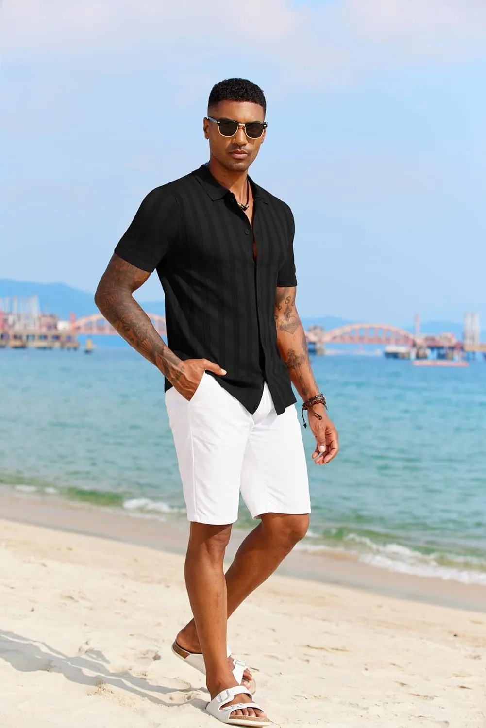 COOFANDY Men's Knit Polo Shirt Vintage Button Down Shirt Short Sleeve Hawaiian Shirt 2025 Summer Fashion Beach Shirts