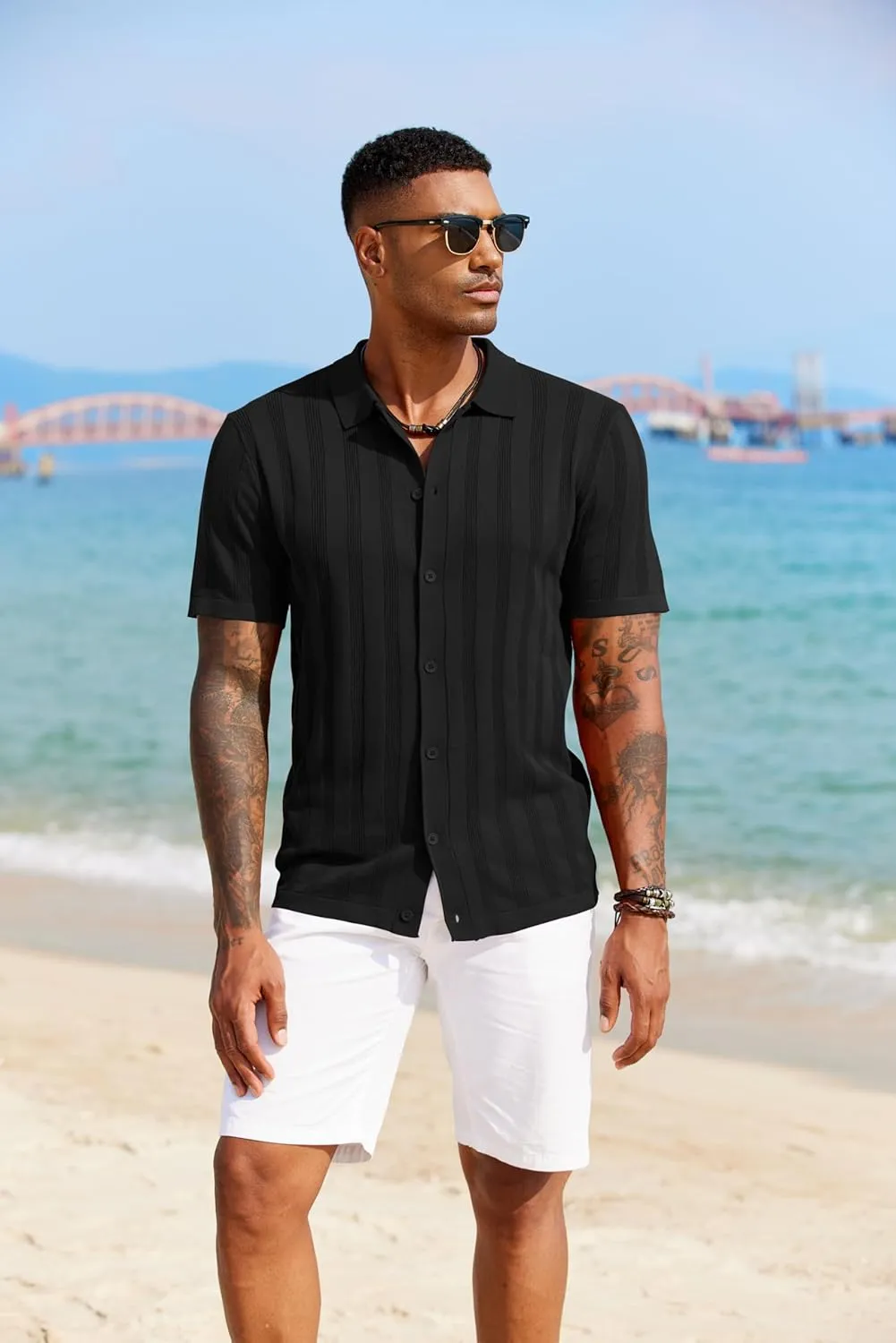 COOFANDY Men's Knit Polo Shirt Vintage Button Down Shirt Short Sleeve Hawaiian Shirt 2025 Summer Fashion Beach Shirts