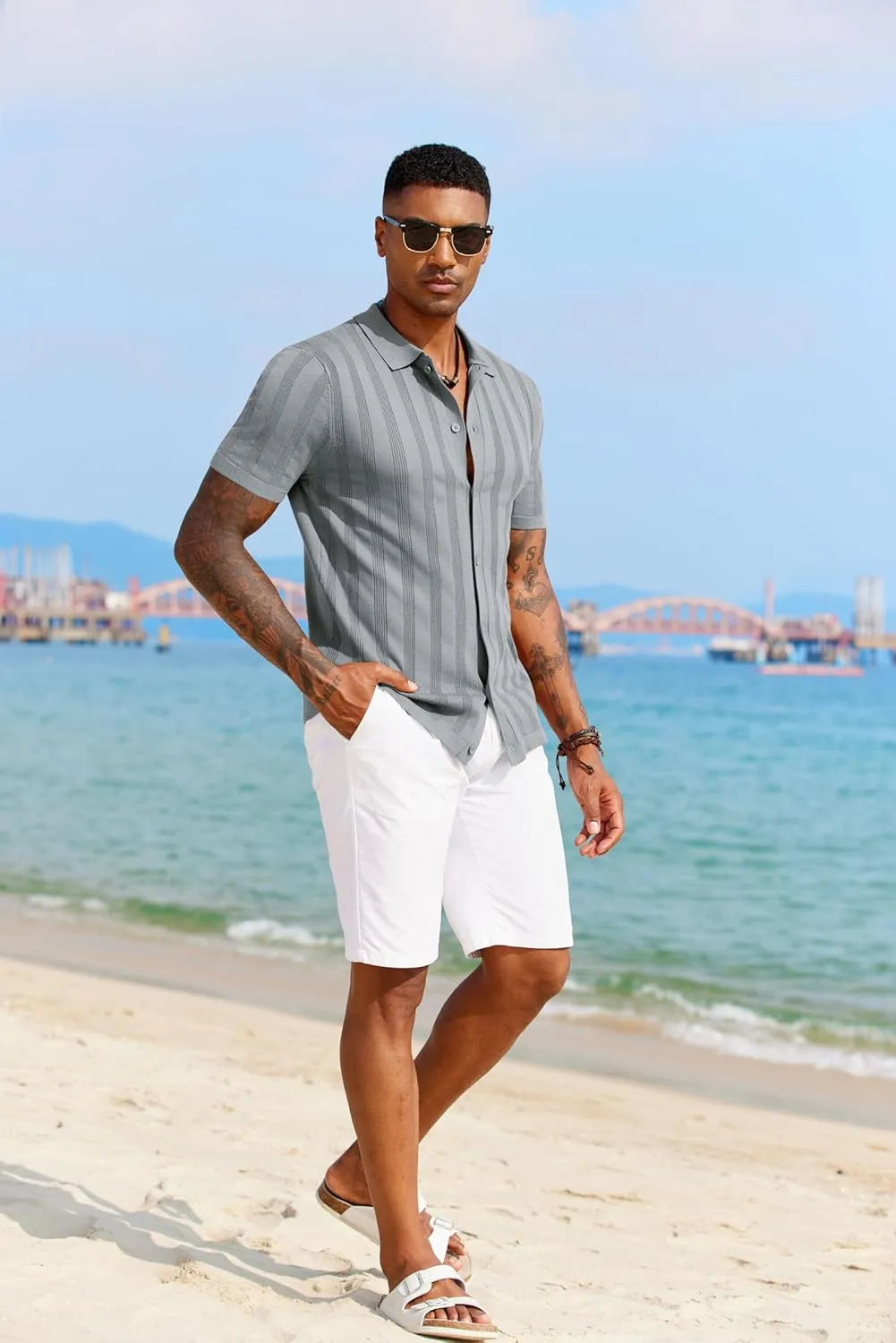 COOFANDY Men's Knit Polo Shirt Vintage Button Down Shirt Short Sleeve Hawaiian Shirt 2025 Summer Fashion Beach Shirts