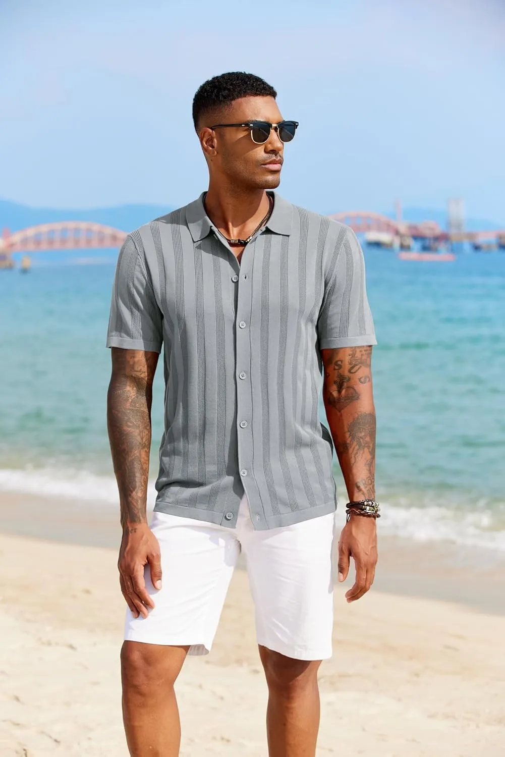 COOFANDY Men's Knit Polo Shirt Vintage Button Down Shirt Short Sleeve Hawaiian Shirt 2025 Summer Fashion Beach Shirts