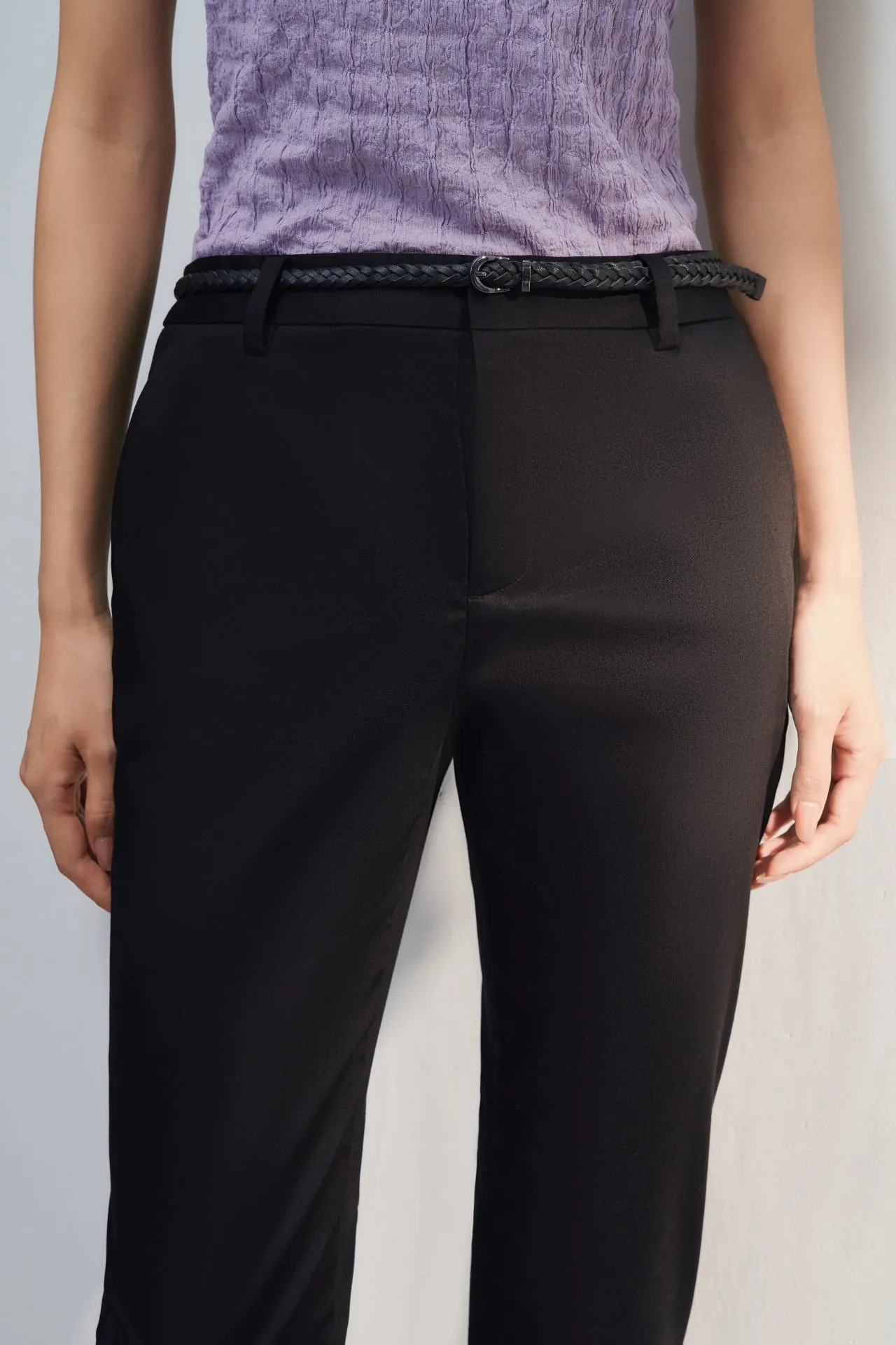 Cotton Blend Spandex Satin Ankle Skinny Pants With Belt