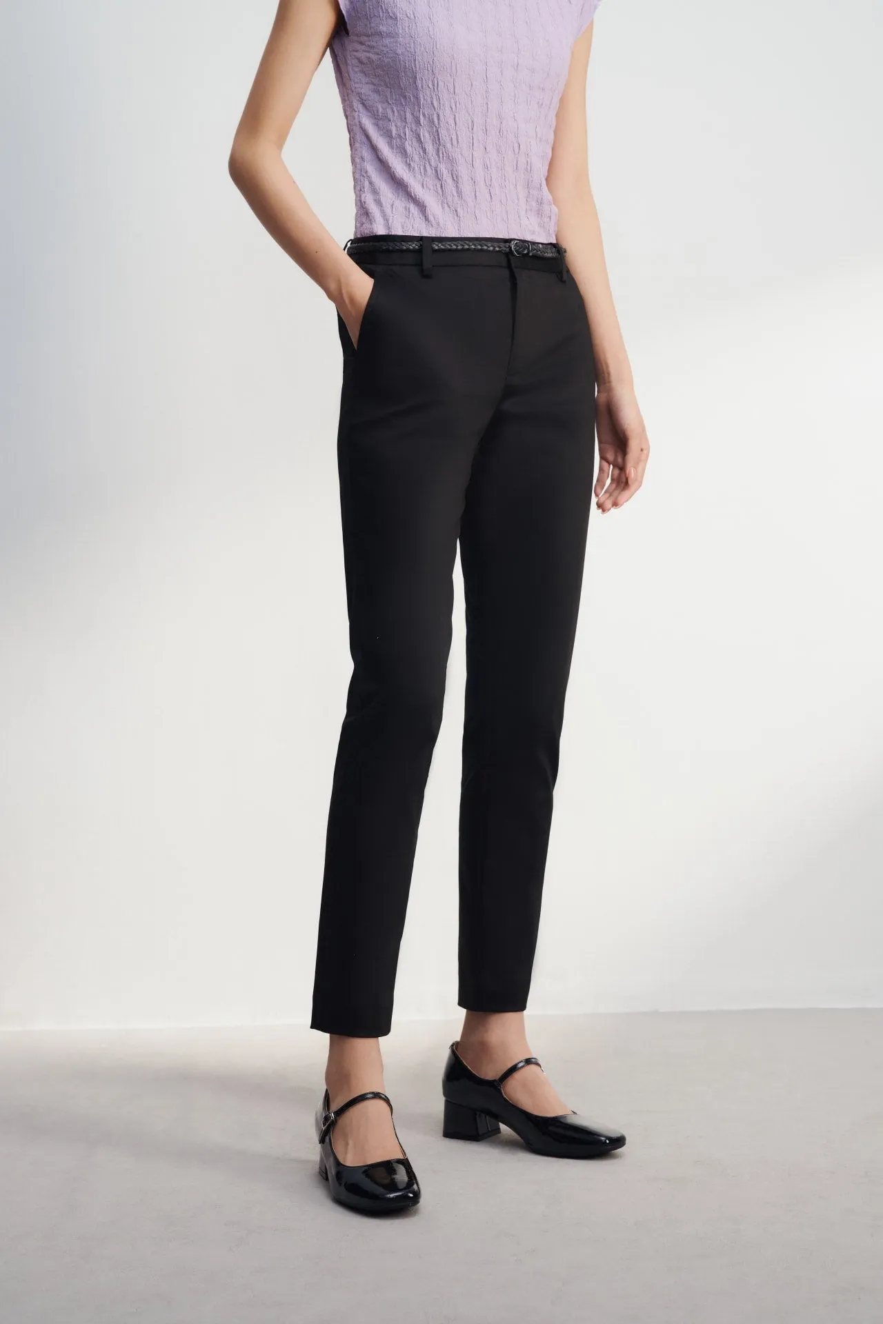 Cotton Blend Spandex Satin Ankle Skinny Pants With Belt