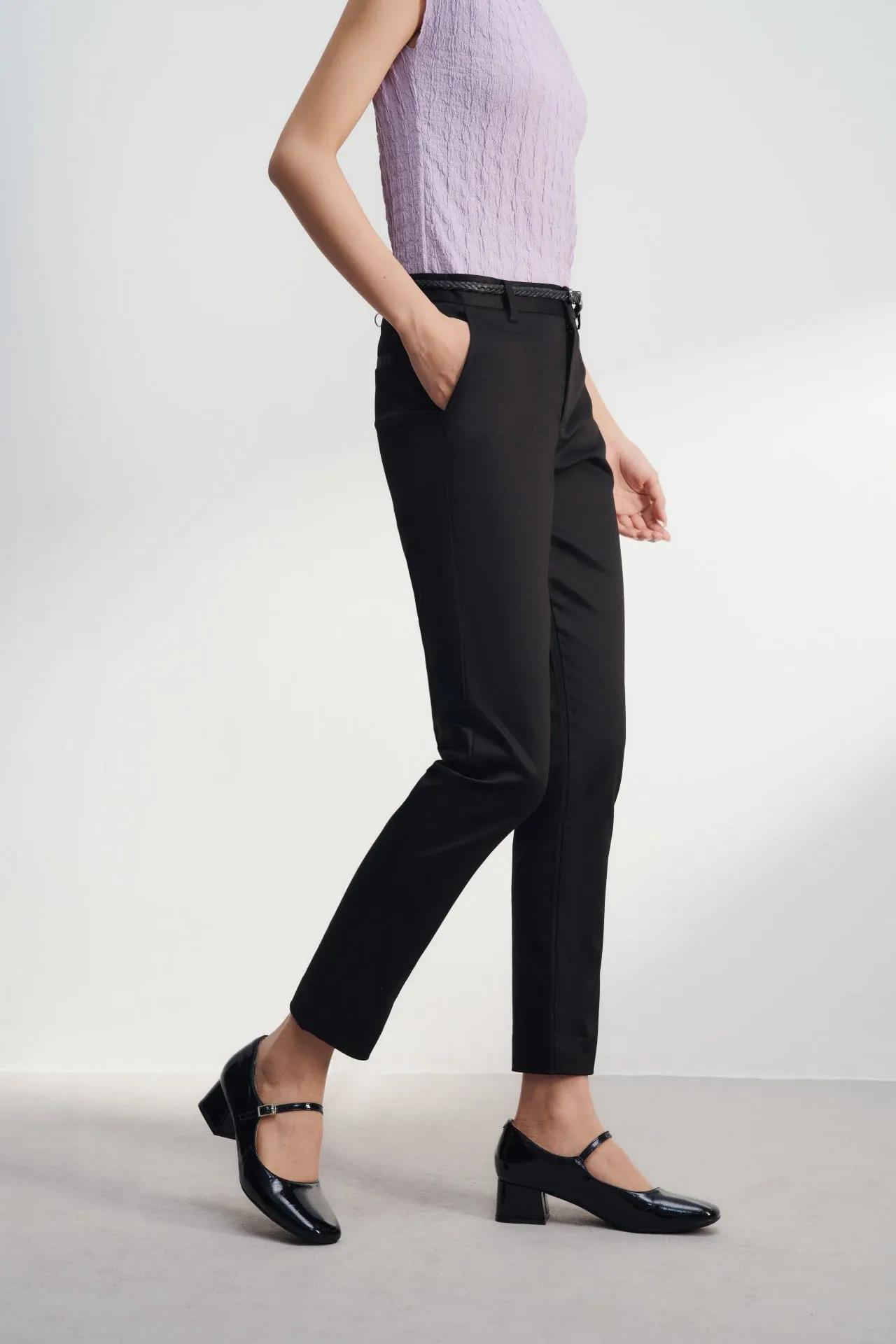 Cotton Blend Spandex Satin Ankle Skinny Pants With Belt