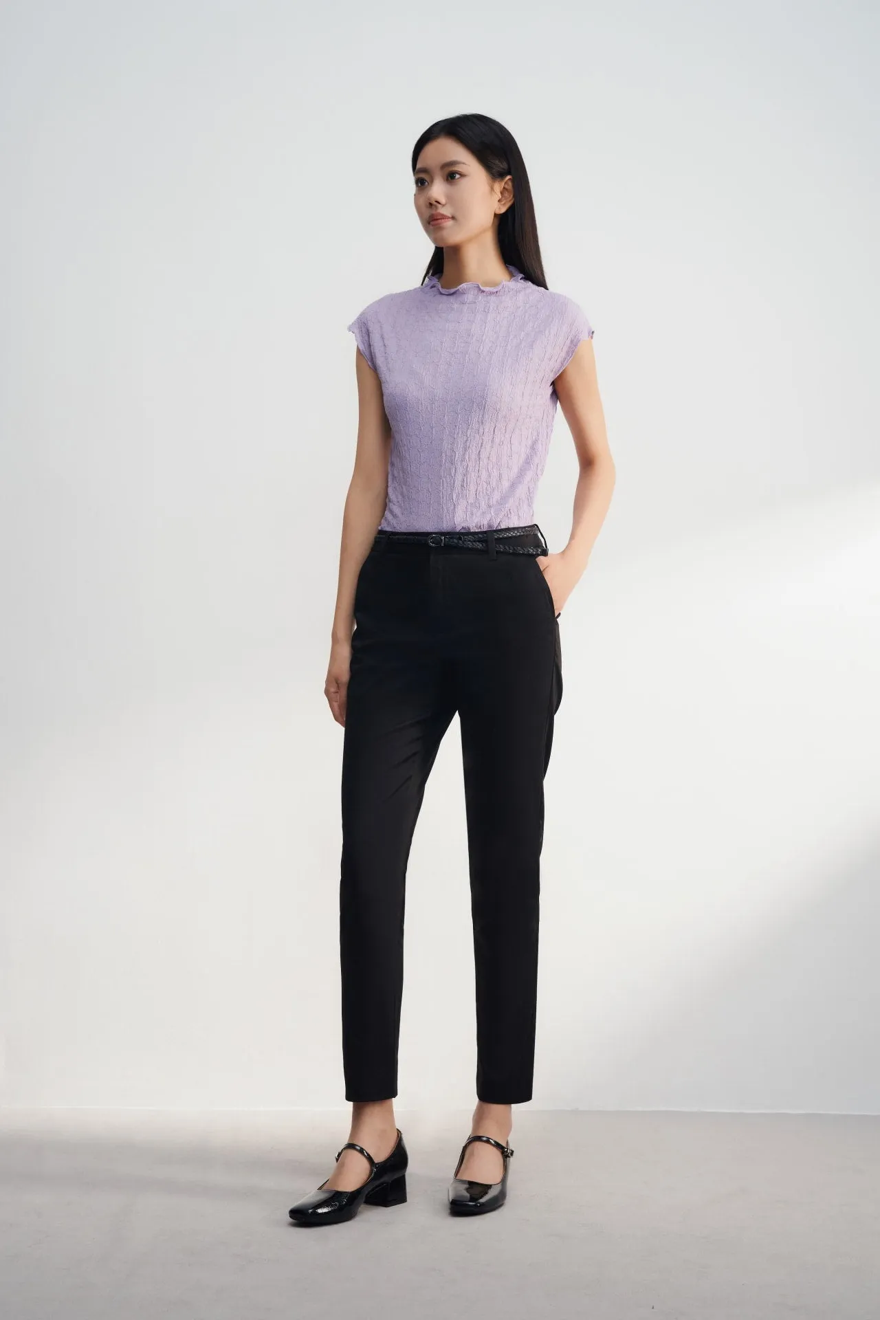Cotton Blend Spandex Satin Ankle Skinny Pants With Belt