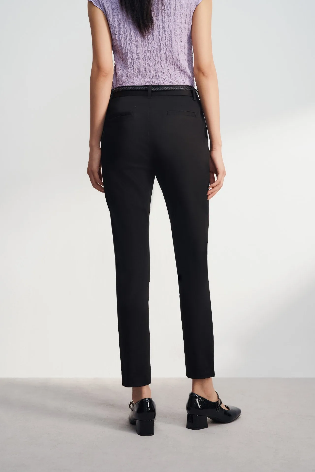 Cotton Blend Spandex Satin Ankle Skinny Pants With Belt