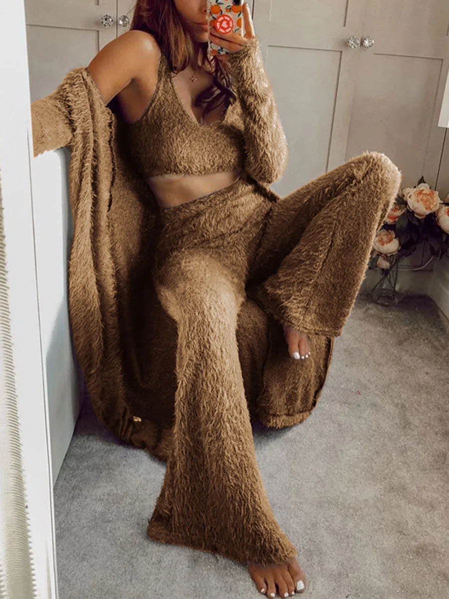 Crop Top Cardigan and Trousers Three-piece Suit