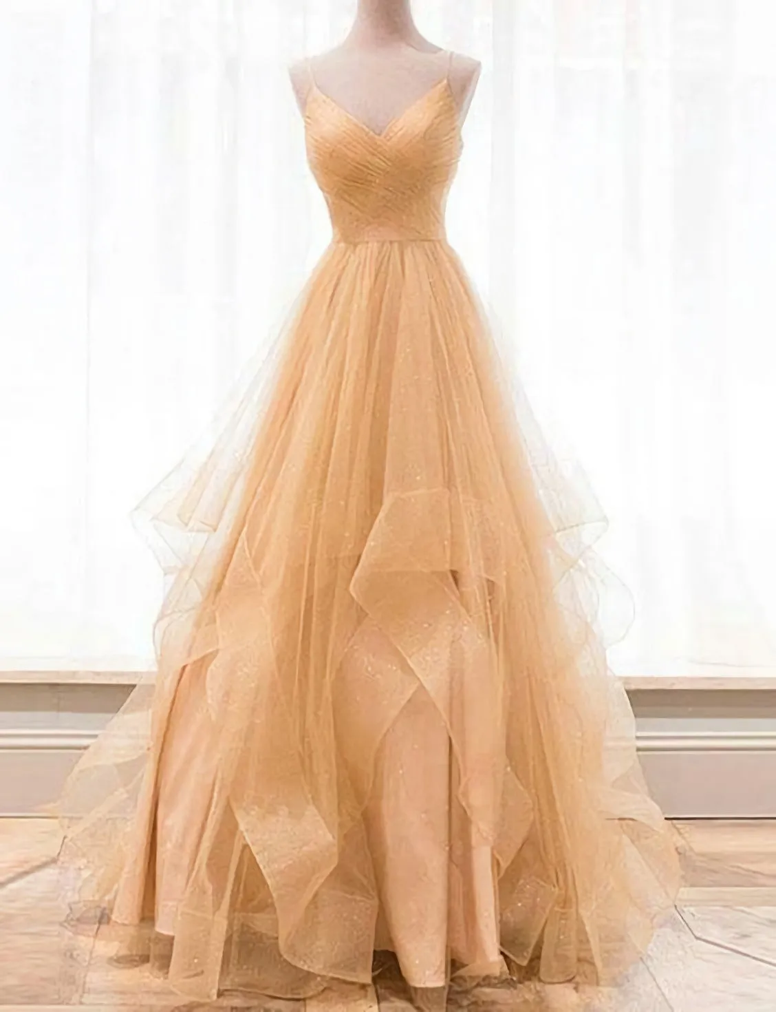 Custom Made Gold V Neck Tulle Long Prom Dress Evening Dress
