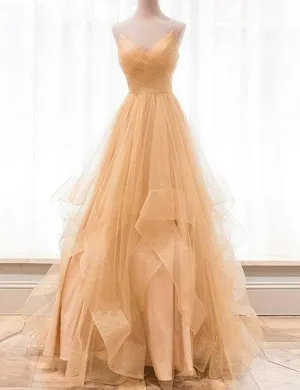 Custom Made Gold V Neck Tulle Long Prom Dress Evening Dress