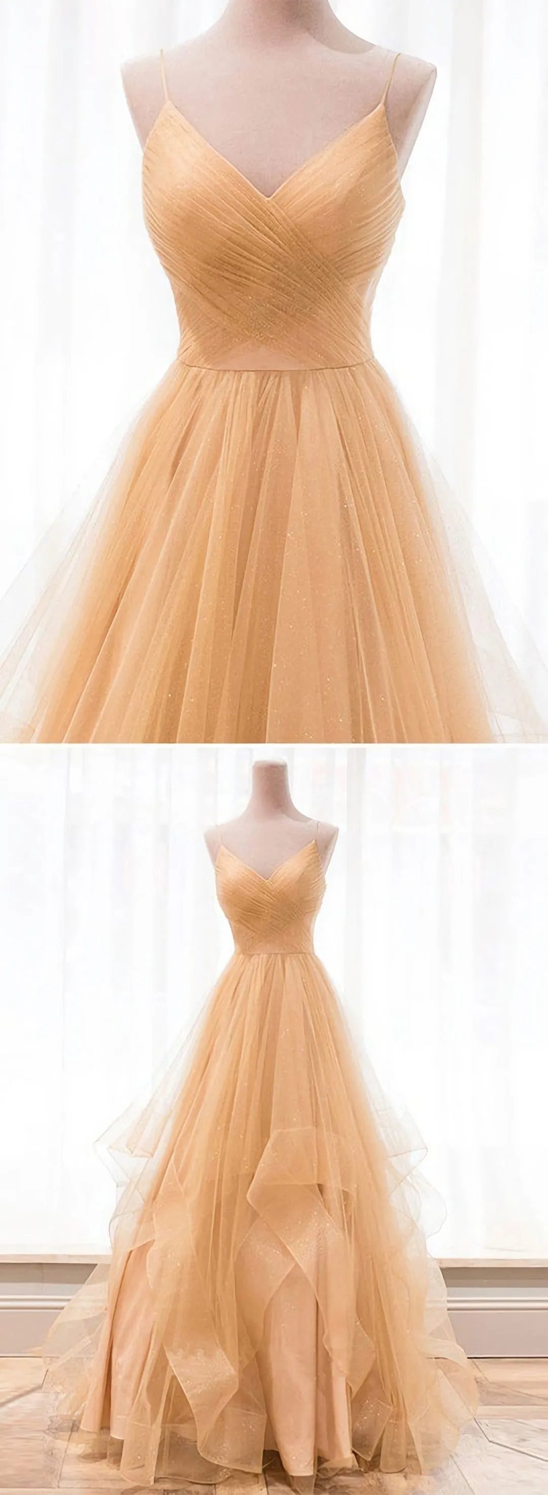 Custom Made Gold V Neck Tulle Long Prom Dress Evening Dress