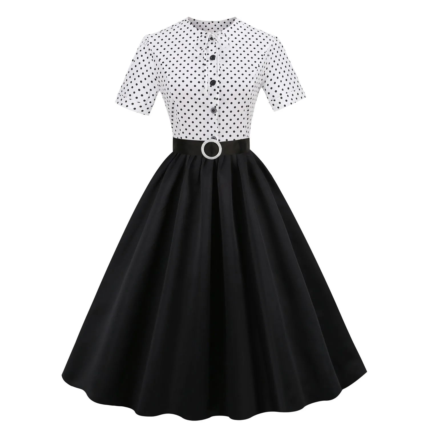 DEANWAQNGKT  European and American Hepburn Style Retro Dots Stitching Pleated Puffy Short Sleeve round Neck Mid-Length Dress  New Women