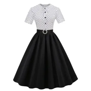 DEANWAQNGKT  European and American Hepburn Style Retro Dots Stitching Pleated Puffy Short Sleeve round Neck Mid-Length Dress  New Women