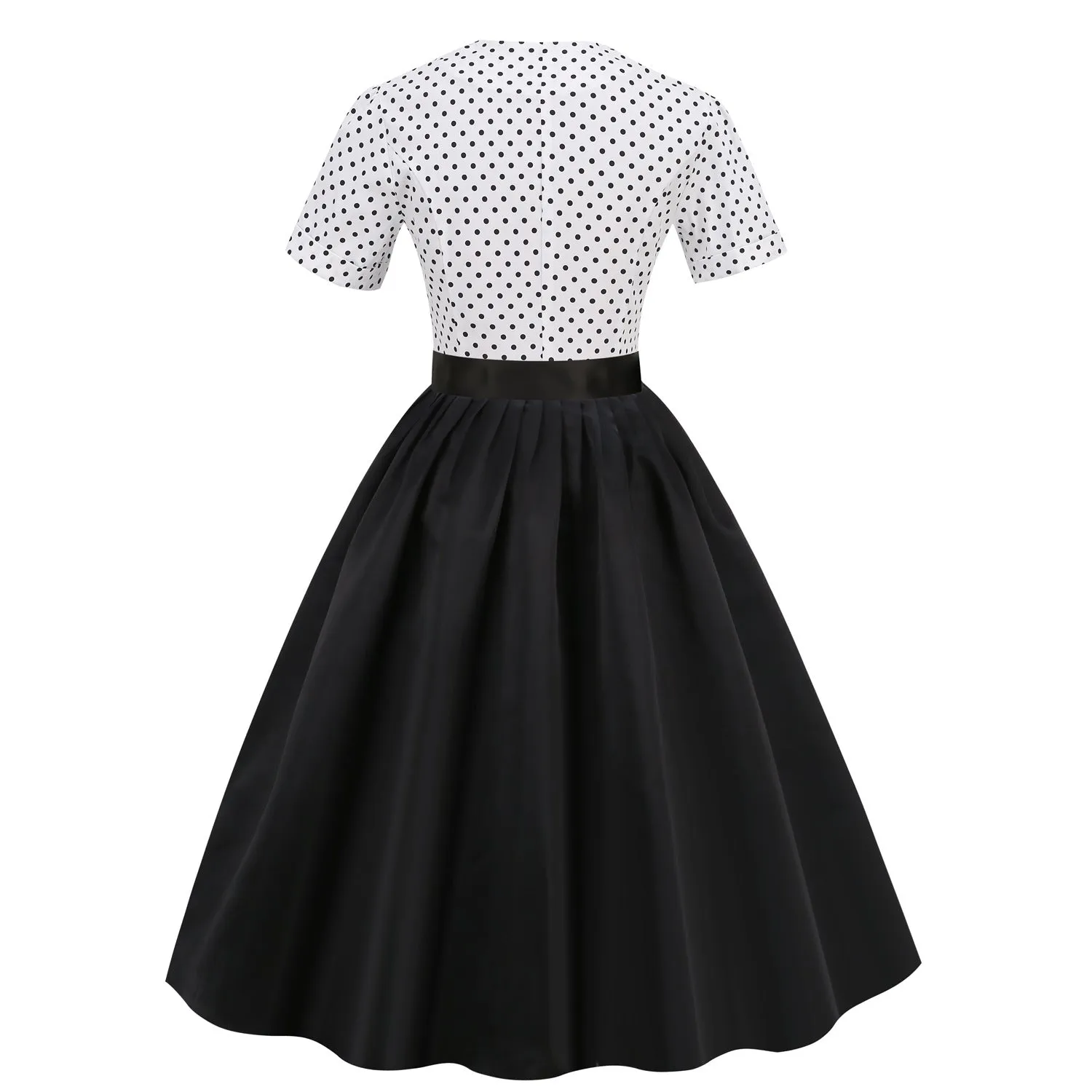 DEANWAQNGKT  European and American Hepburn Style Retro Dots Stitching Pleated Puffy Short Sleeve round Neck Mid-Length Dress  New Women