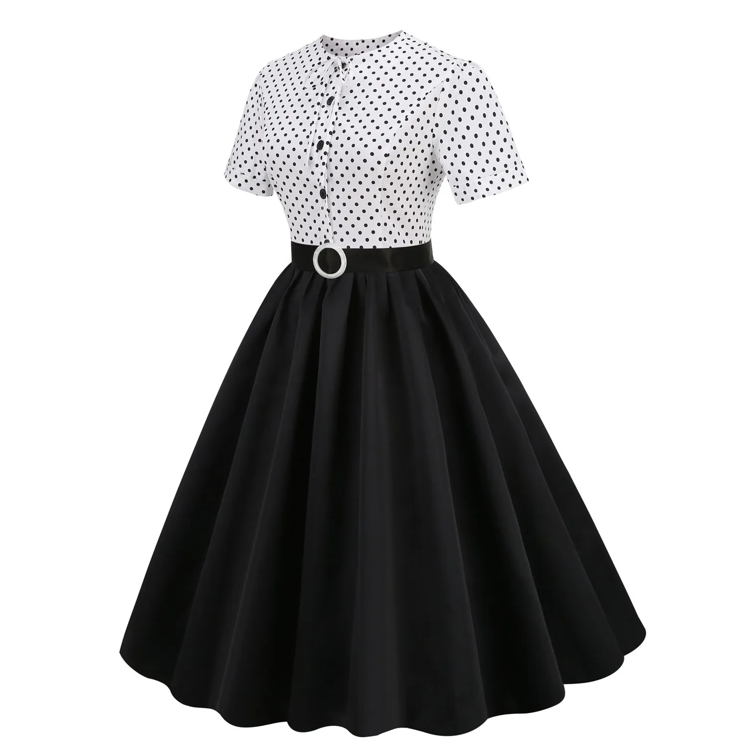 DEANWAQNGKT  European and American Hepburn Style Retro Dots Stitching Pleated Puffy Short Sleeve round Neck Mid-Length Dress  New Women