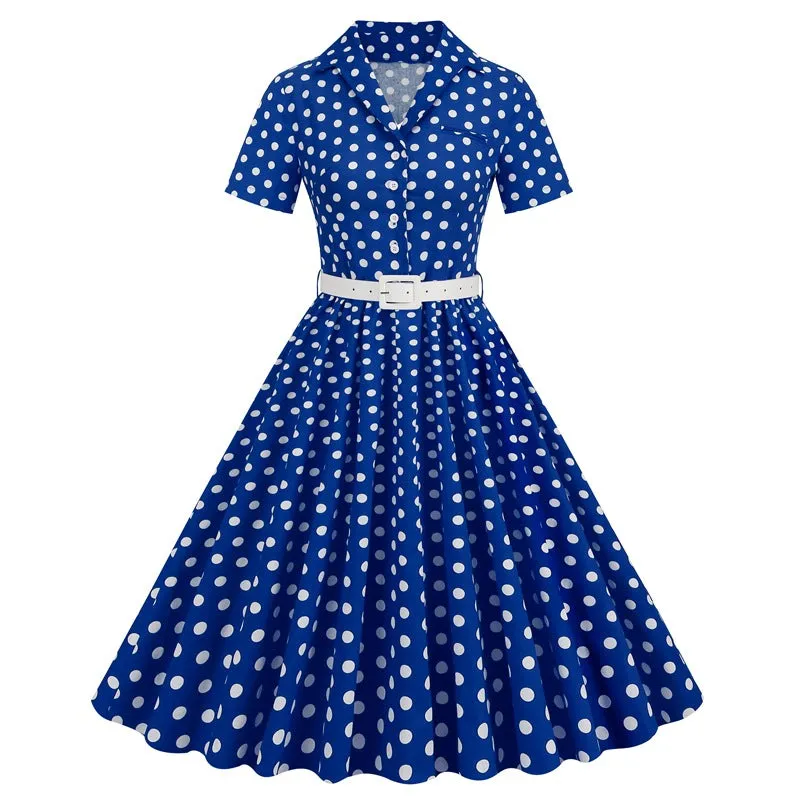 DEANWAQNGKT  European and American Women's Clothing Polka Dot Stitching Belt Short Sleeve European and American Style Dress Hepburn Vintage  Dress