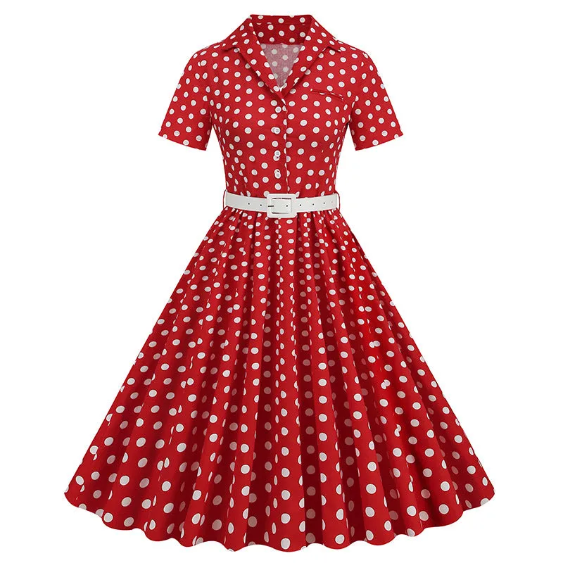 DEANWAQNGKT  European and American Women's Clothing Polka Dot Stitching Belt Short Sleeve European and American Style Dress Hepburn Vintage  Dress