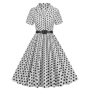 DEANWAQNGKT  European and American Women's Clothing Polka Dot Stitching Belt Short Sleeve European and American Style Dress Hepburn Vintage  Dress