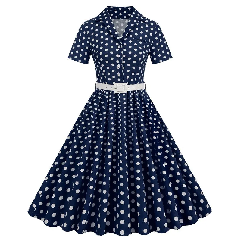 DEANWAQNGKT  European and American Women's Clothing Polka Dot Stitching Belt Short Sleeve European and American Style Dress Hepburn Vintage  Dress