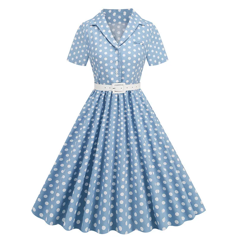 DEANWAQNGKT  European and American Women's Clothing Polka Dot Stitching Belt Short Sleeve European and American Style Dress Hepburn Vintage  Dress