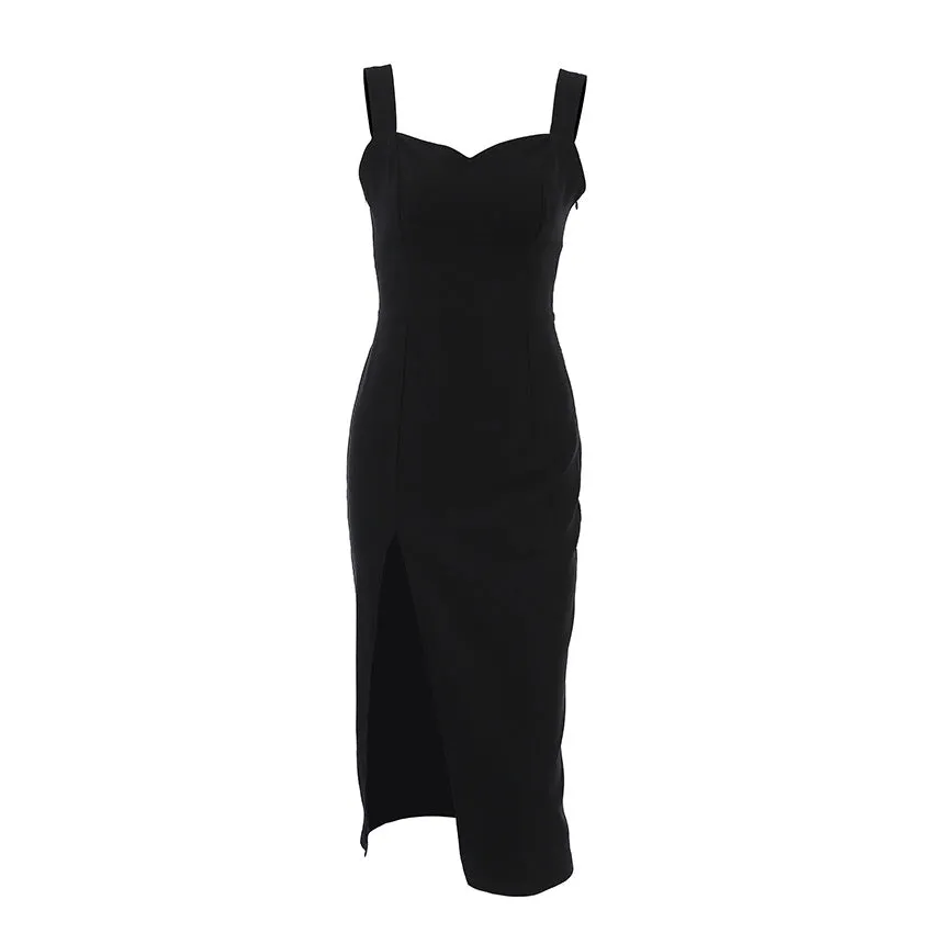 dunnmall Sexy Black Sleeveless Square Collar Split Dress Evening Dress  HOTan and NEWn New Cross-Border Wholesale Women's Dress