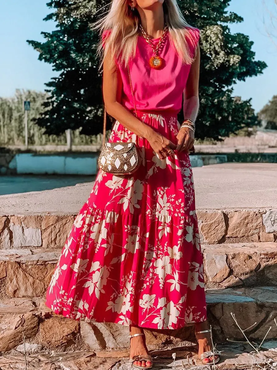 Elegant Loose Top Floral Skirt Suit