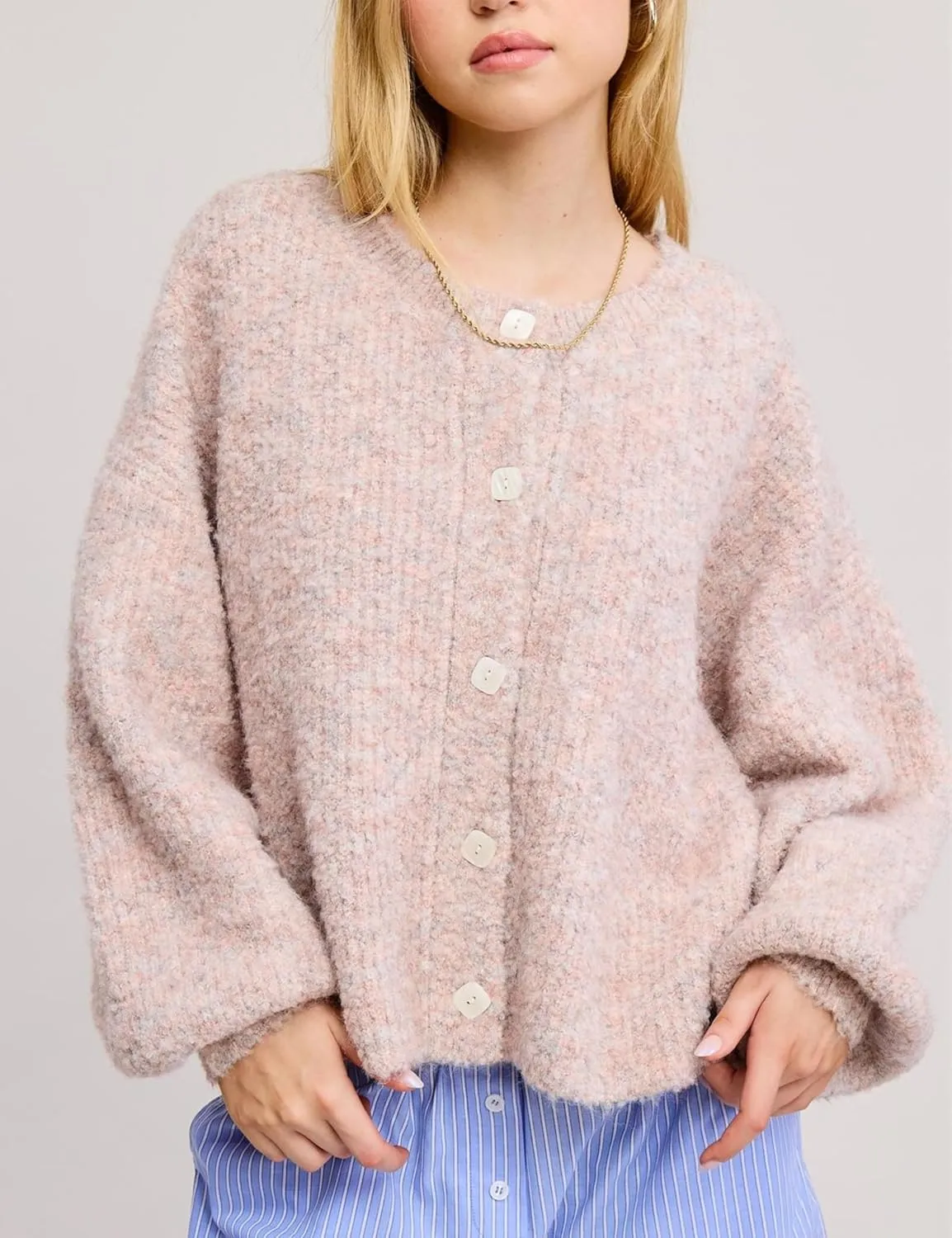 Esmeling Women's Balloon Sleeve Cardigan Sweater Crew Neck Button Down Confetti Fuzzy Knit Outerwear