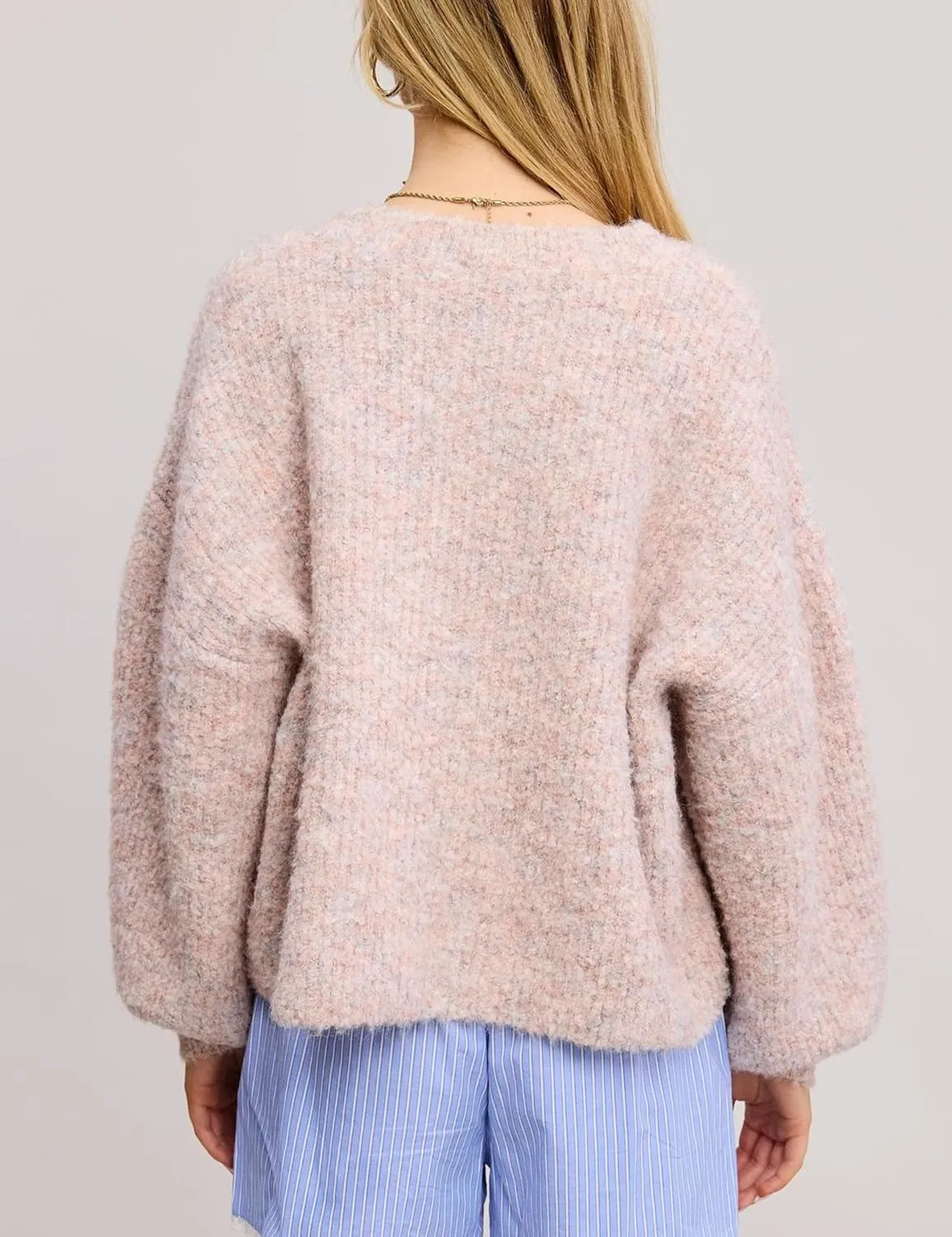 Esmeling Women's Balloon Sleeve Cardigan Sweater Crew Neck Button Down Confetti Fuzzy Knit Outerwear