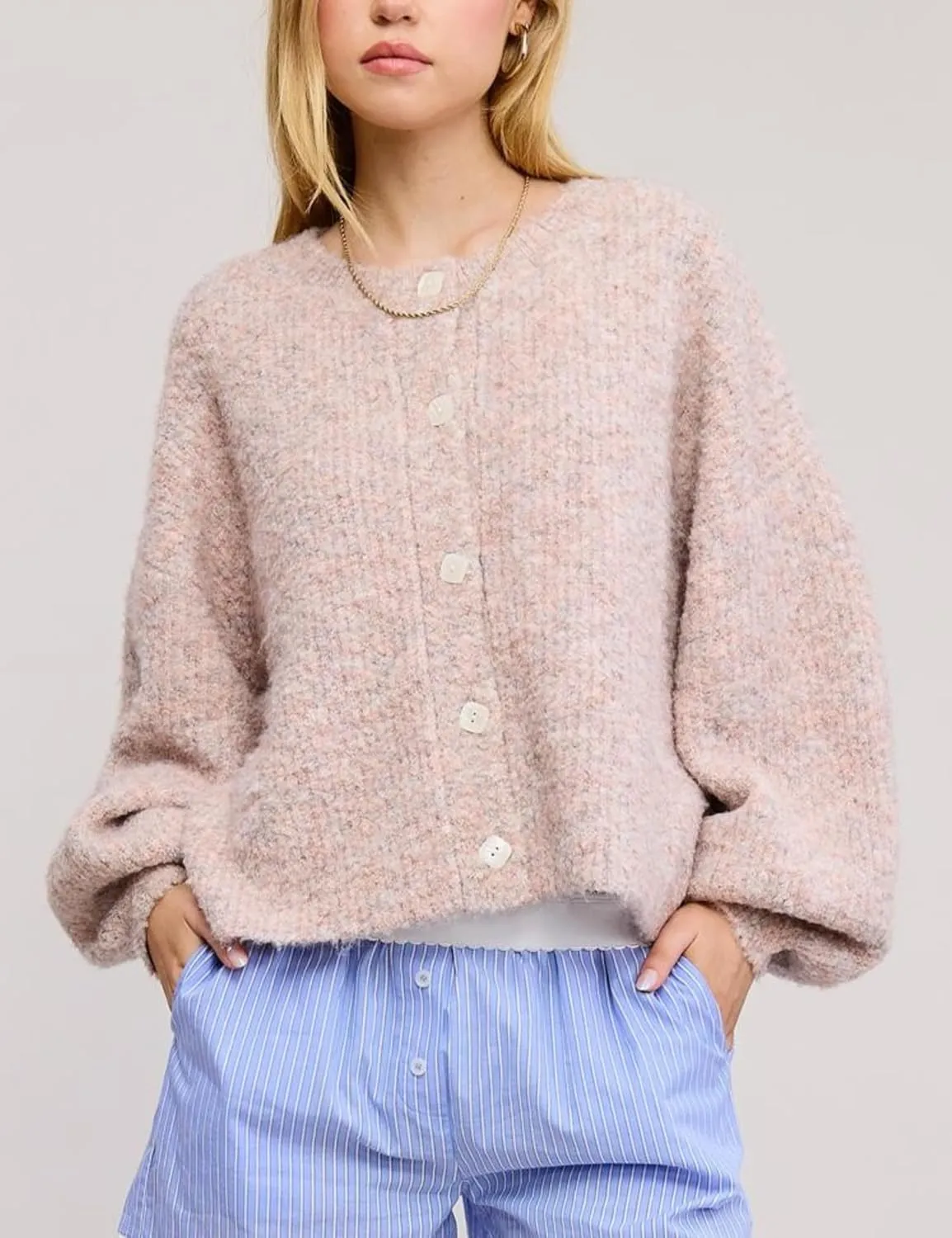 Esmeling Women's Balloon Sleeve Cardigan Sweater Crew Neck Button Down Confetti Fuzzy Knit Outerwear