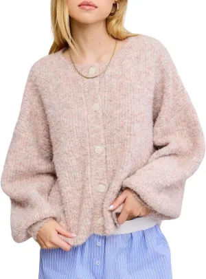 Esmeling Women's Balloon Sleeve Cardigan Sweater Crew Neck Button Down Confetti Fuzzy Knit Outerwear