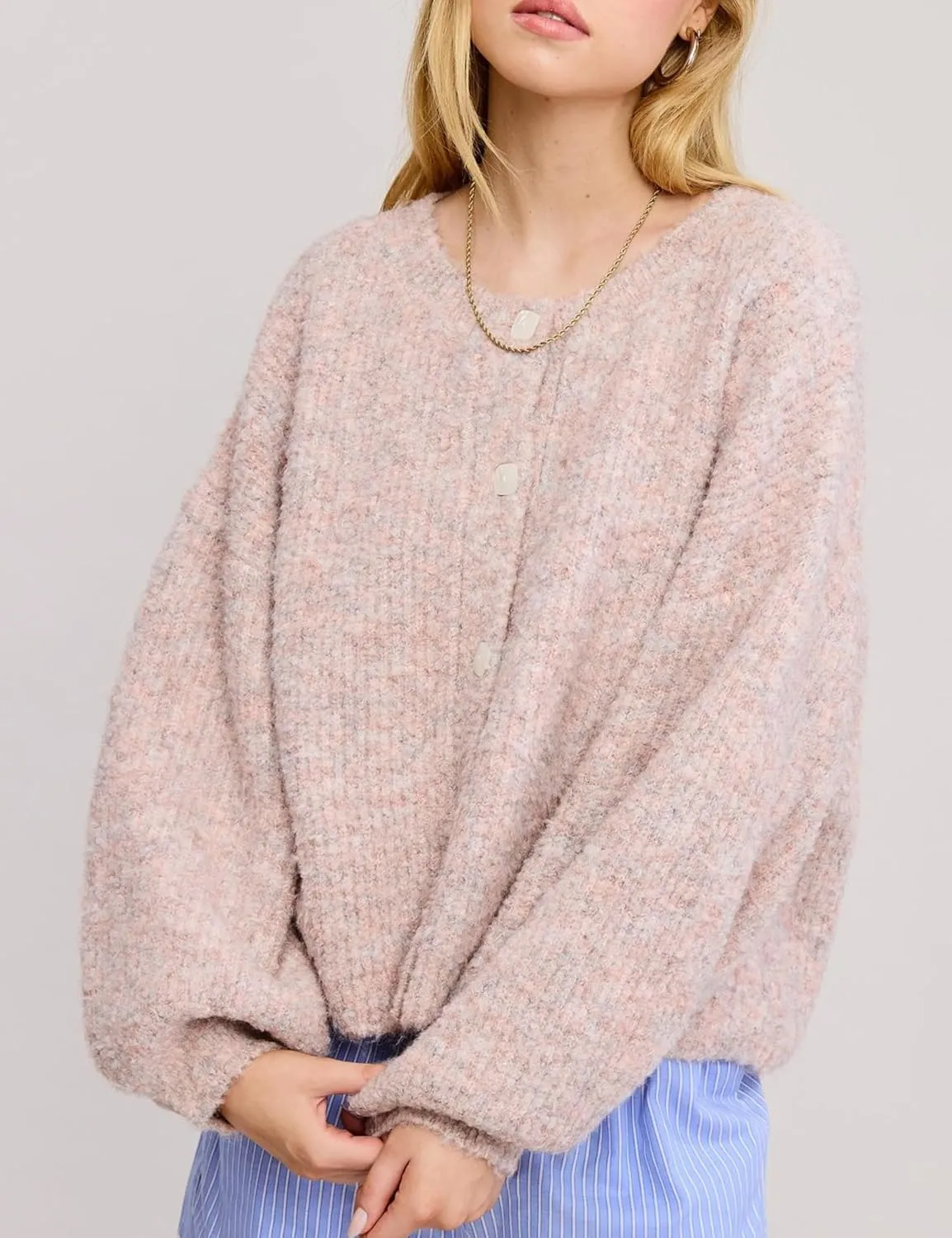 Esmeling Women's Balloon Sleeve Cardigan Sweater Crew Neck Button Down Confetti Fuzzy Knit Outerwear