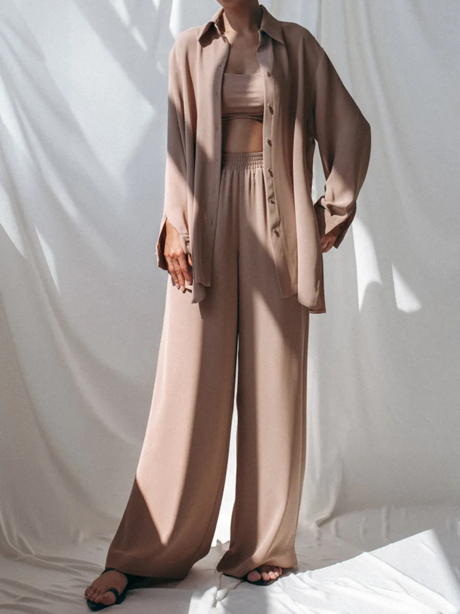 Fashion Casual Loose Lapel Long Sleeve Solid Color Two-piece Suit