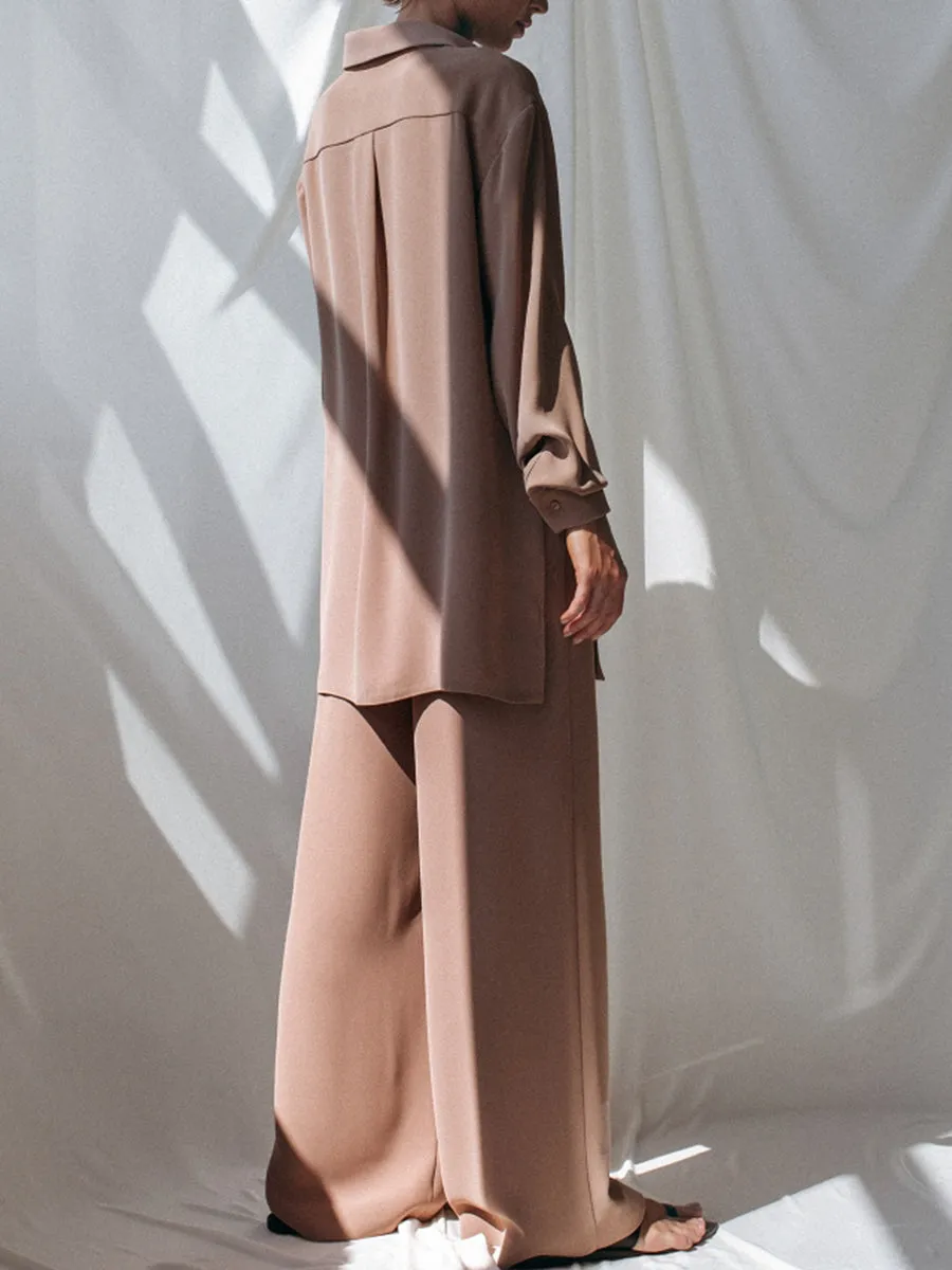 Fashion Casual Loose Lapel Long Sleeve Solid Color Two-piece Suit