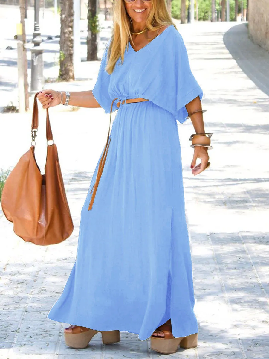 Fashionable Simple V-Neck Short Sleeve Maxi Dress